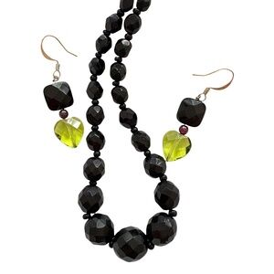 set necklace earrings black glass crystal hearts vintage romantic girly classic